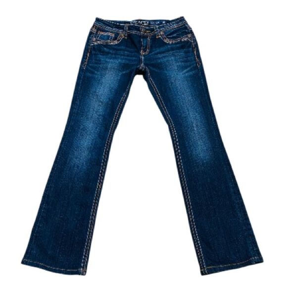 Grace in LA Women's Boot Cut Jeans - Dark Blue with Brown Embroidery - Picture 2 of 13